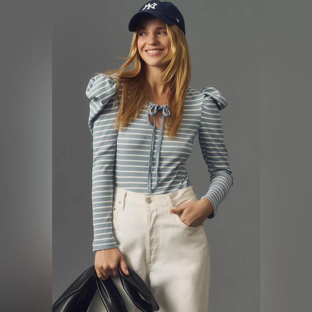 NWT Anthropologie Porridge Puff-Sleeve Tie-Front Top sky blue stripes ribbed